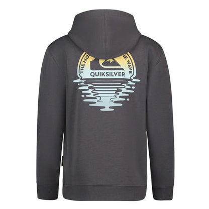 Hoodie - Quiksilver gris foncé en coton avec capuche, imprimé coloré au dos avec motifs d'eau, vue de dos.