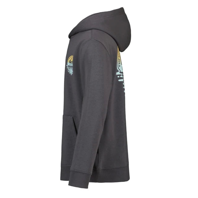 Hoodie - Quiksilver gris foncé avec capuche, imprimé multicolore sur le côté, style décontracté, vue de profil porté sur mannequin adulte.
