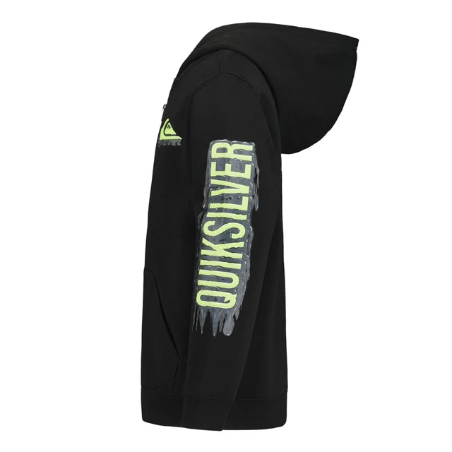 Veste - Quiksilver noire avec capuche, logo vert fluo sur la manche, style décontracté, vue de profil portée sur mannequin.