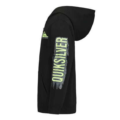 Veste - Quiksilver noire avec capuche, logo vert fluo sur la manche, style décontracté, vue de profil portée sur mannequin.