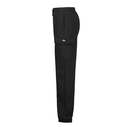 Pantalon jogger cargo - Quiksilver noir en tissu coton mélangé, coupe ajustée, vue de profil montrant la poche cargo côté jambe.