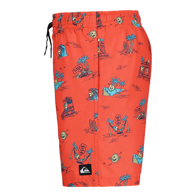 Maillot de bain - Quiksilver orange avec motifs tropicaux bleus, noirs et jaunes, style short, vue de côté.