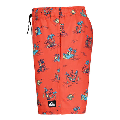 Maillot de bain - Quiksilver orange avec motifs tropicaux bleus, noirs et jaunes, style short, vue de côté.