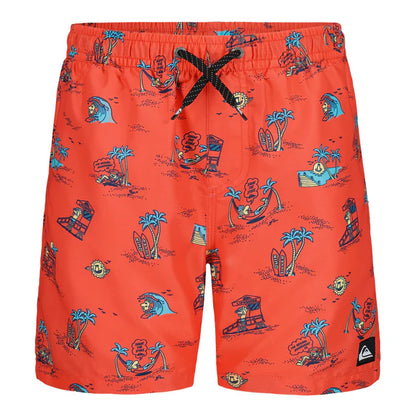 Maillot de bain - Quiksilver en polyester supersuede rouge avec motifs tropicaux, position galerie 1, orientation paysage.