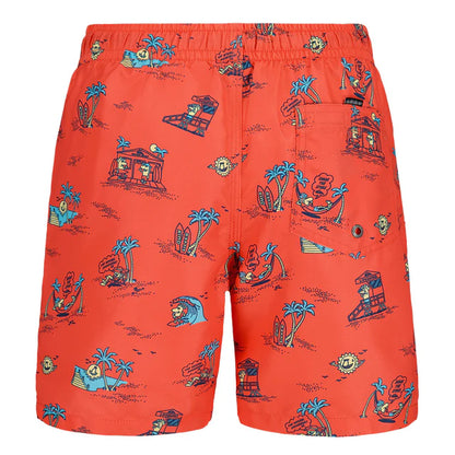 Maillot de bain - Quiksilver orange avec motifs îles tropicales et palmiers bleus, style short garçon, vue de dos.