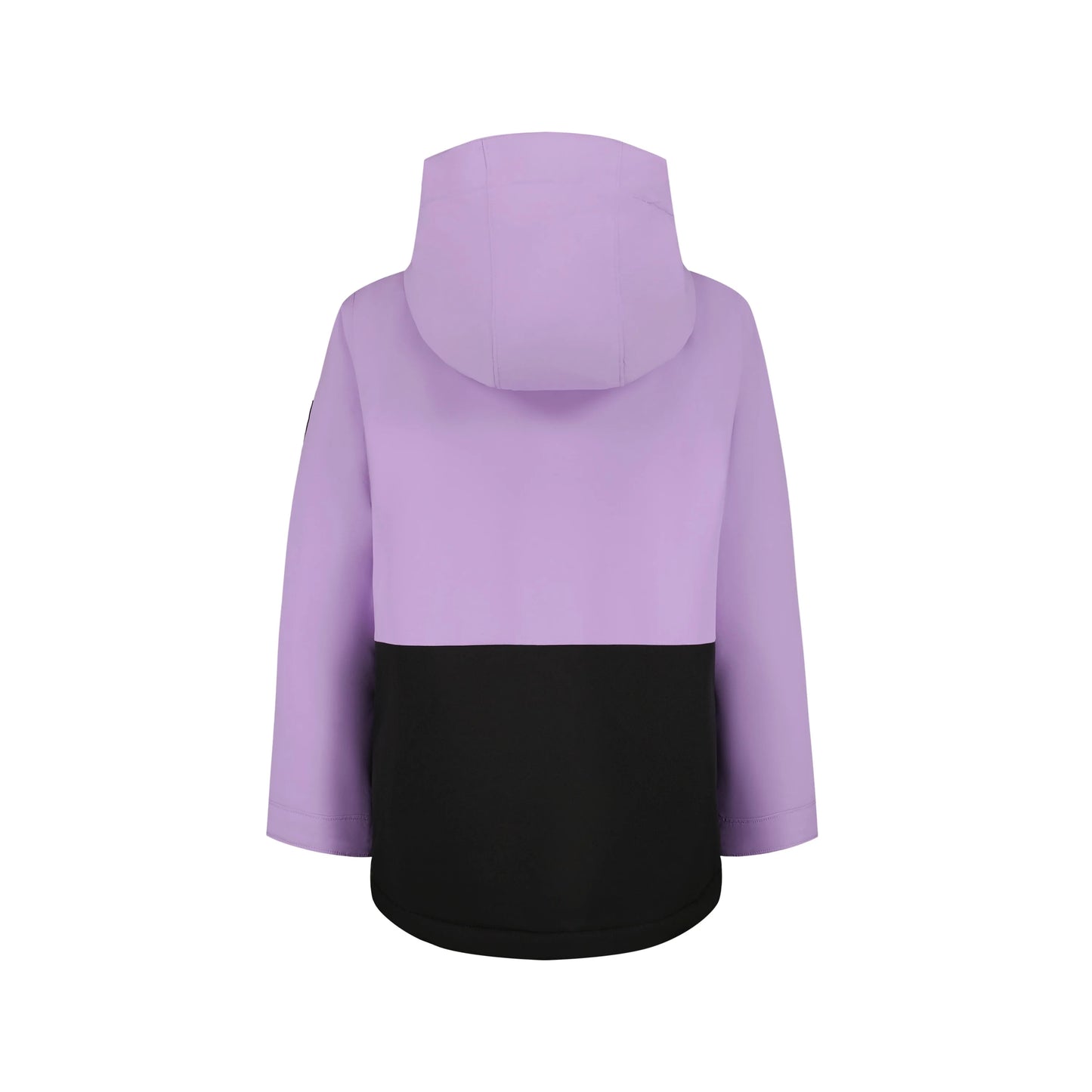Manteau d'hiver - Roxy violet et noir à capuche, coupe bicolore, vue de dos sur mannequin