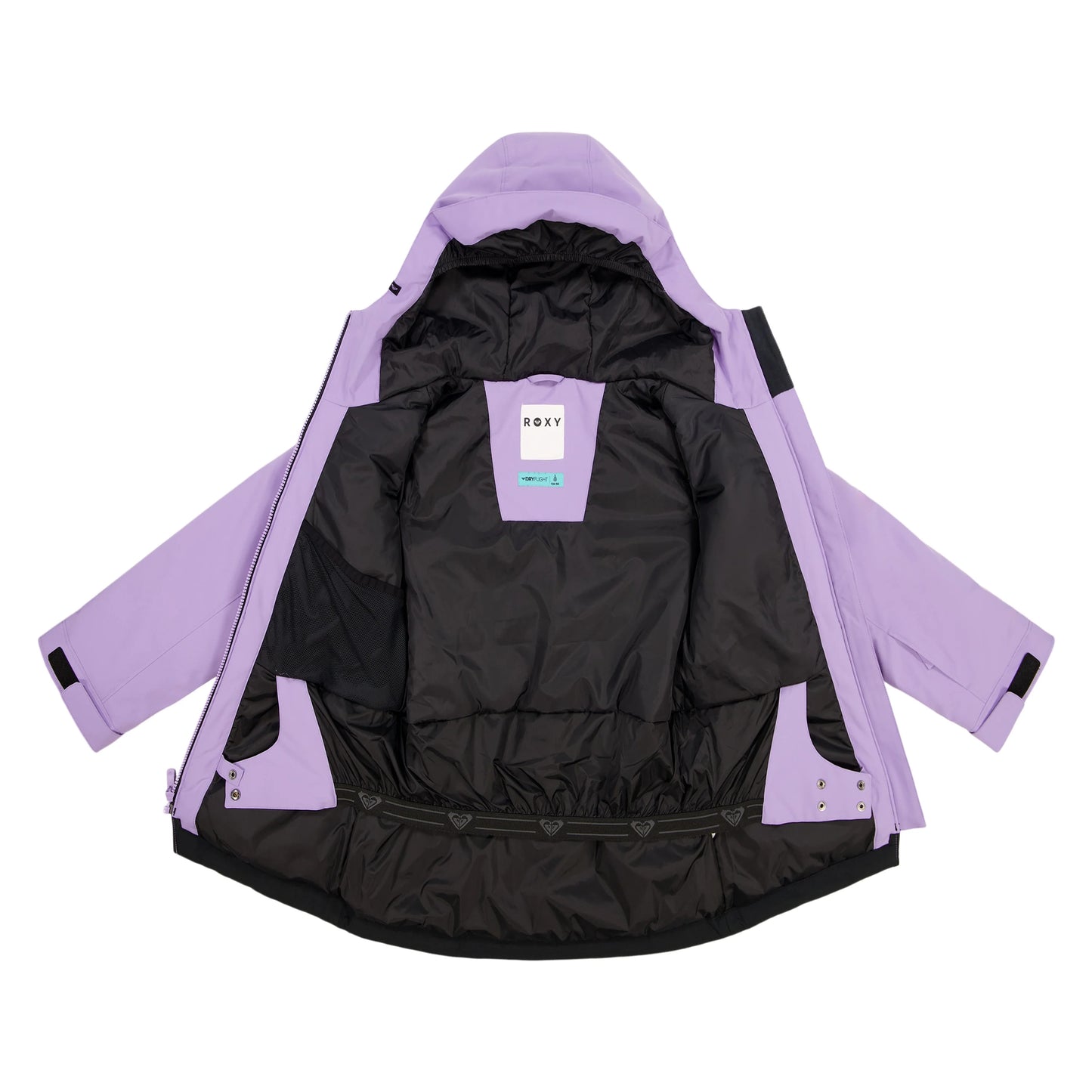 Manteau d'hiver - Roxy violet et noir avec doublure matelassée noire, vue intérieure ouverte
