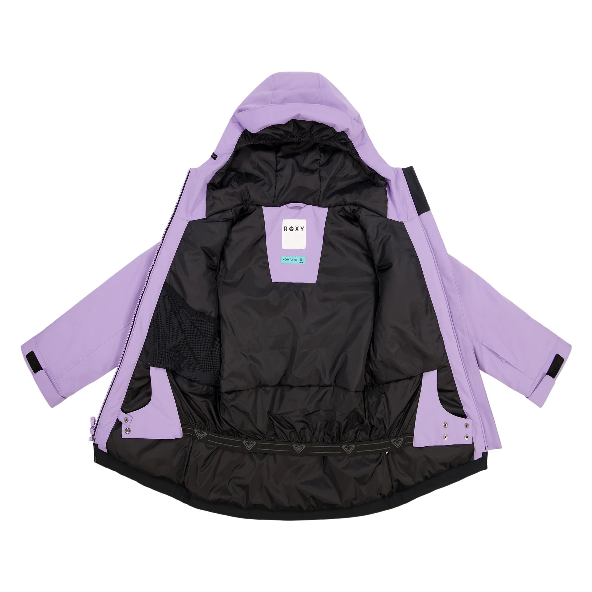 Manteau d'hiver - Roxy violet et noir avec doublure matelassée noire, vue intérieure ouverte