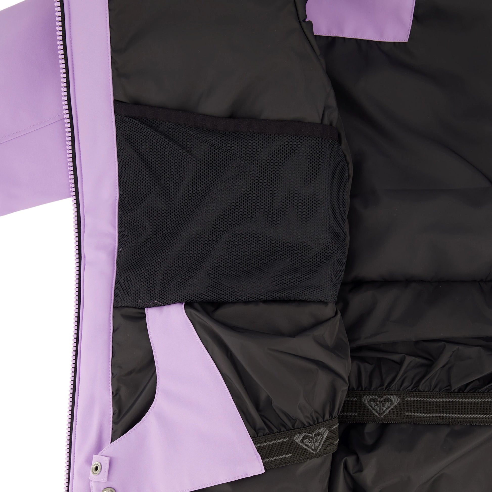Manteau d'hiver - Roxy avec doublure noire et violette poche intérieure en maille et fermeture éclair vue de détail