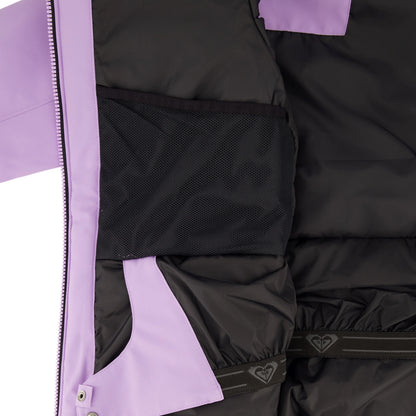 Manteau d'hiver - Roxy avec doublure noire et violette poche intérieure en maille et fermeture éclair vue de détail