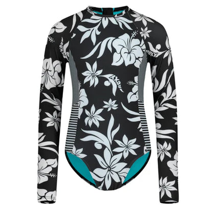 Maillot de bain - Roxy noir à manches longues avec motifs floraux blancs, polyester, taille adulte, vue de face, format carré 430x430.