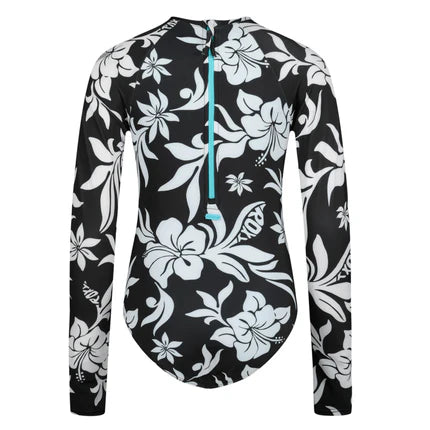 Maillot de bain - Roxy noir à motifs floraux blancs, manches longues, dos avec fermeture éclair, 100% polyester, vue arrière, galerie 2