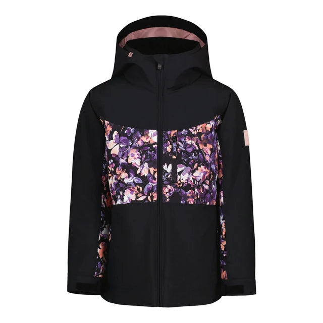 Manteau d'hiver - Roxy noir à capuche, empiècements floraux violets et roses, fermeture zippée, vue de face
