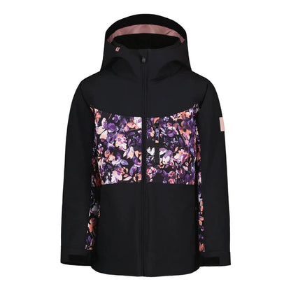 Manteau d'hiver - Roxy noir à capuche, empiècements floraux violets et roses, fermeture zippée, vue de face