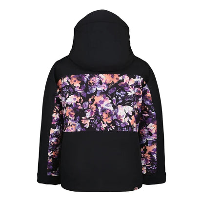Manteau d'hiver - Roxy noir à capuche avec empiècement fleuri rose violet et blanc vue de dos