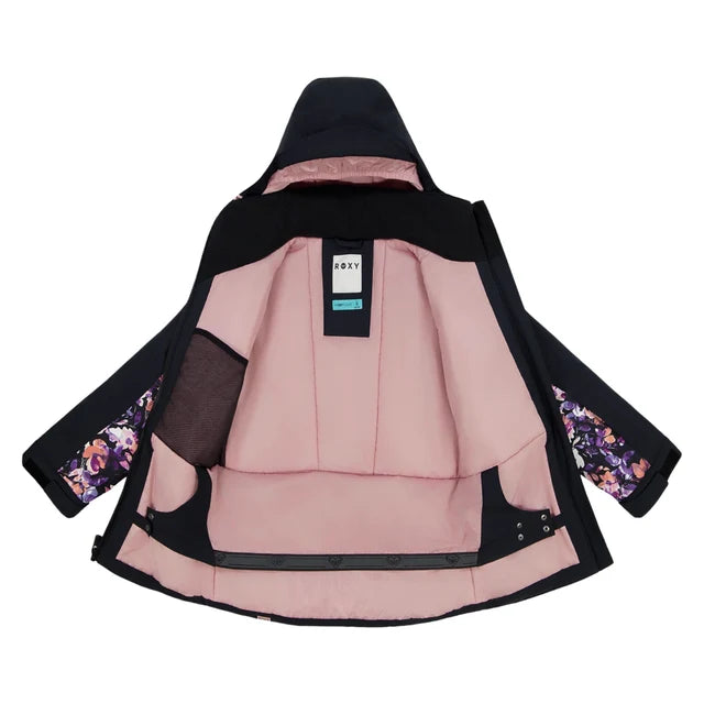 Manteau d'hiver - Roxy noir et rose avec doublure rose et motifs floraux vue intérieure