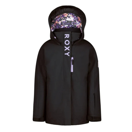 Manteau d'hiver - Roxy noir avec doublure à motif floral violet et rose, coupe droite, capuche, vue de face porté sur mannequin enfant.