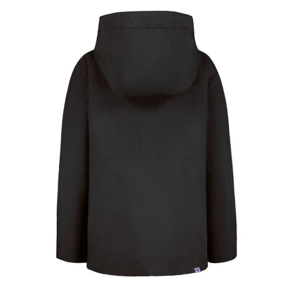 Manteau d'hiver - Roxy noir uni avec capuche, coupe droite, matériau extérieur imperméable, vue de dos porté sur mannequin enfant.
