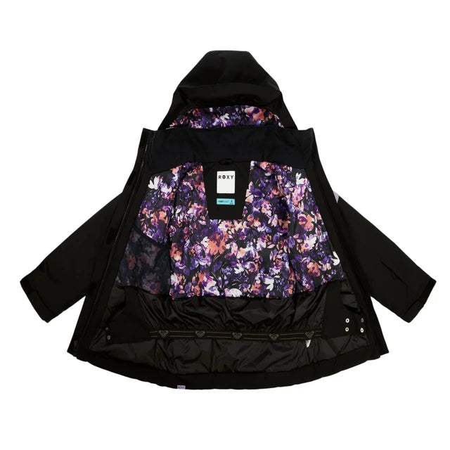 Manteau d'hiver - Roxy noir avec doublure intérieure à motif floral violet, rose et blanc, vue de l'intérieur ouverte sur fond blanc.