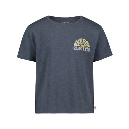 T-Shirt - Roxy bleu marine en coton avec logo beige et blanc imprimé sur la poitrine, pour enfant, vue de face.