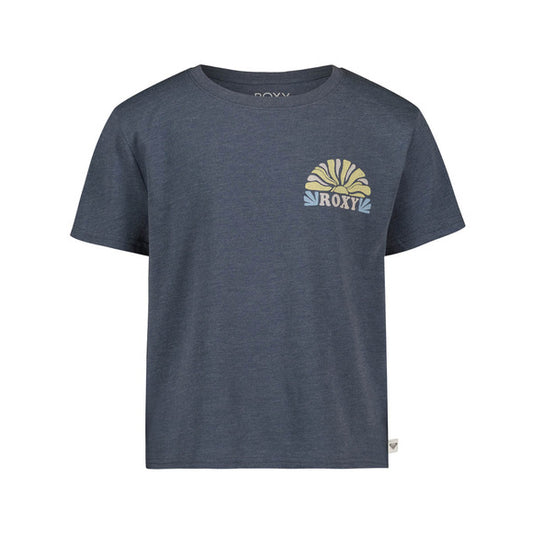 T-Shirt - Roxy bleu marine en coton avec logo beige et blanc imprimé sur la poitrine, pour enfant, vue de face.
