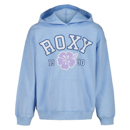 Hoodie - Roxy bleu clair en baby French Terry 60% coton 40% polyester, logo ROXY et fleur rose, vue de face et dos, enfant