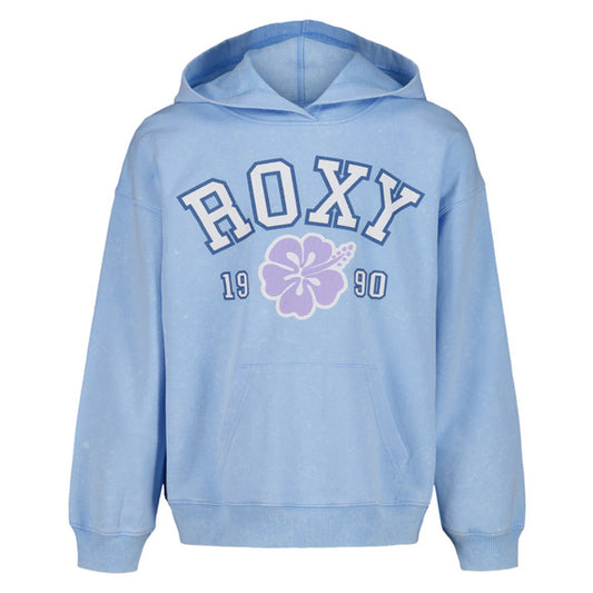Hoodie - Roxy bleu clair en baby French Terry 60% coton 40% polyester, logo ROXY et fleur rose, vue de face et dos, enfant