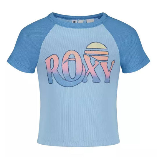 T-Shirt - Roxy bleu clair manches raglan bleu foncé coton pour enfant, vue de face et de dos, position galerie 1