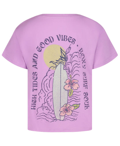 T-Shirt - Roxy vue arrière en portrait avec impression graphique surf et fleurs, coupe surdimensionnée couleur lilas.