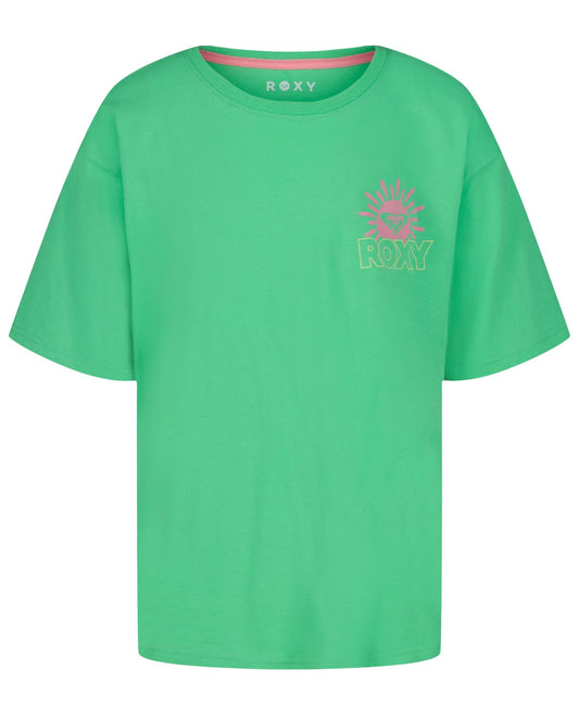 T-Shirt - Roxy vert en coton avec logo rose sur poitrine, style casual, vue de face, coupe décontractée, taille adulte.