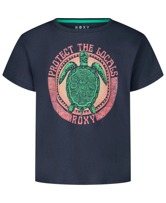 T-Shirt - Roxy bleu marine en coton avec imprimé tortue verte et texte rose, style décontracté, vue de face, enfant garçon.