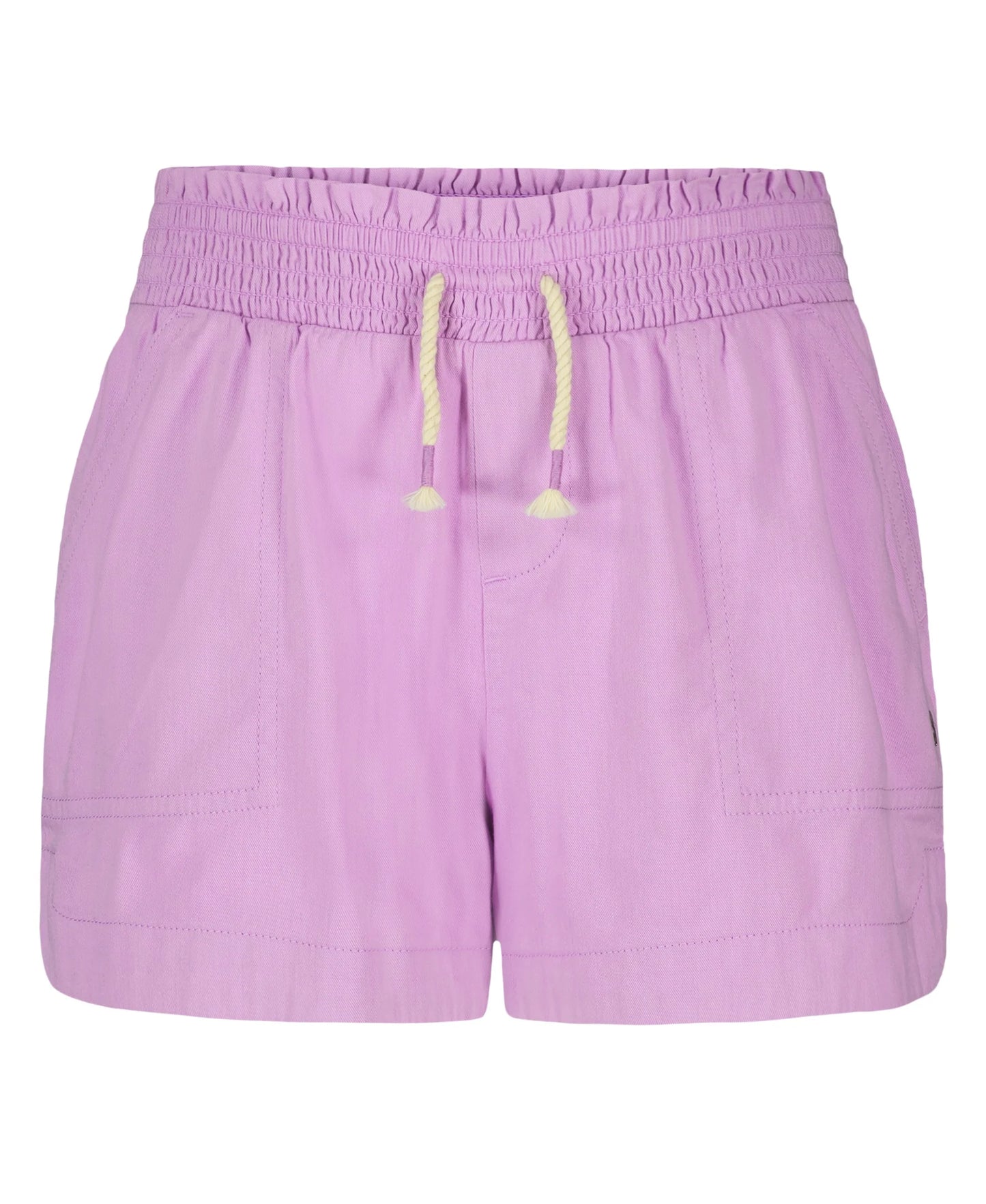Short - Roxy rose en coton 100% pour femme, taille élastique avec cordon, vue de face, orientation portrait.