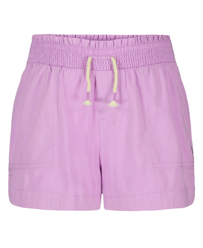 Short - Roxy rose en coton 100% pour femme, taille élastique avec cordon, vue de face, orientation portrait.