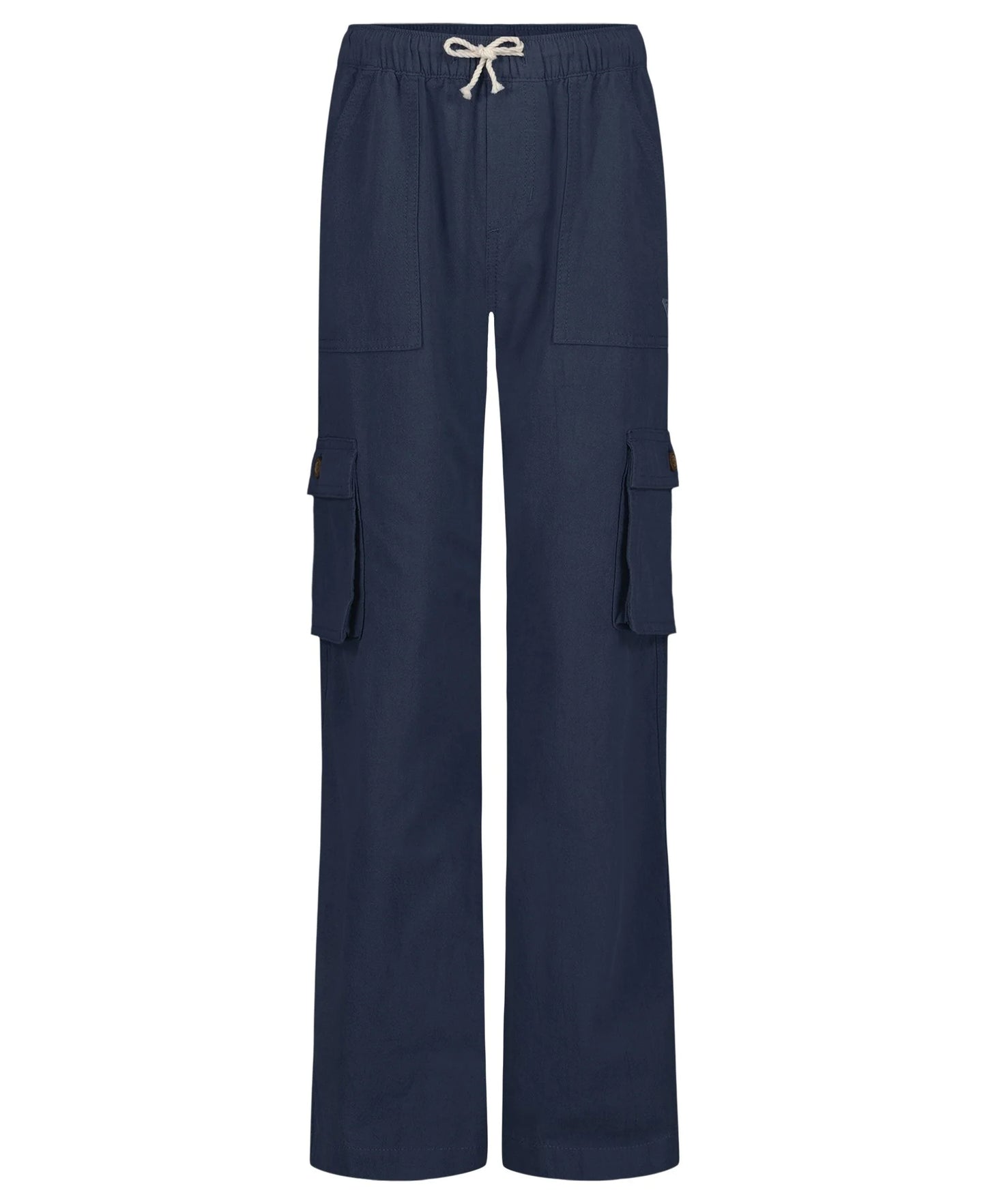 Pantalon - Roxy bleu marine en crêpe coton coupe décontractée avec poches cargo, taille élastique, vue de face portrait.
