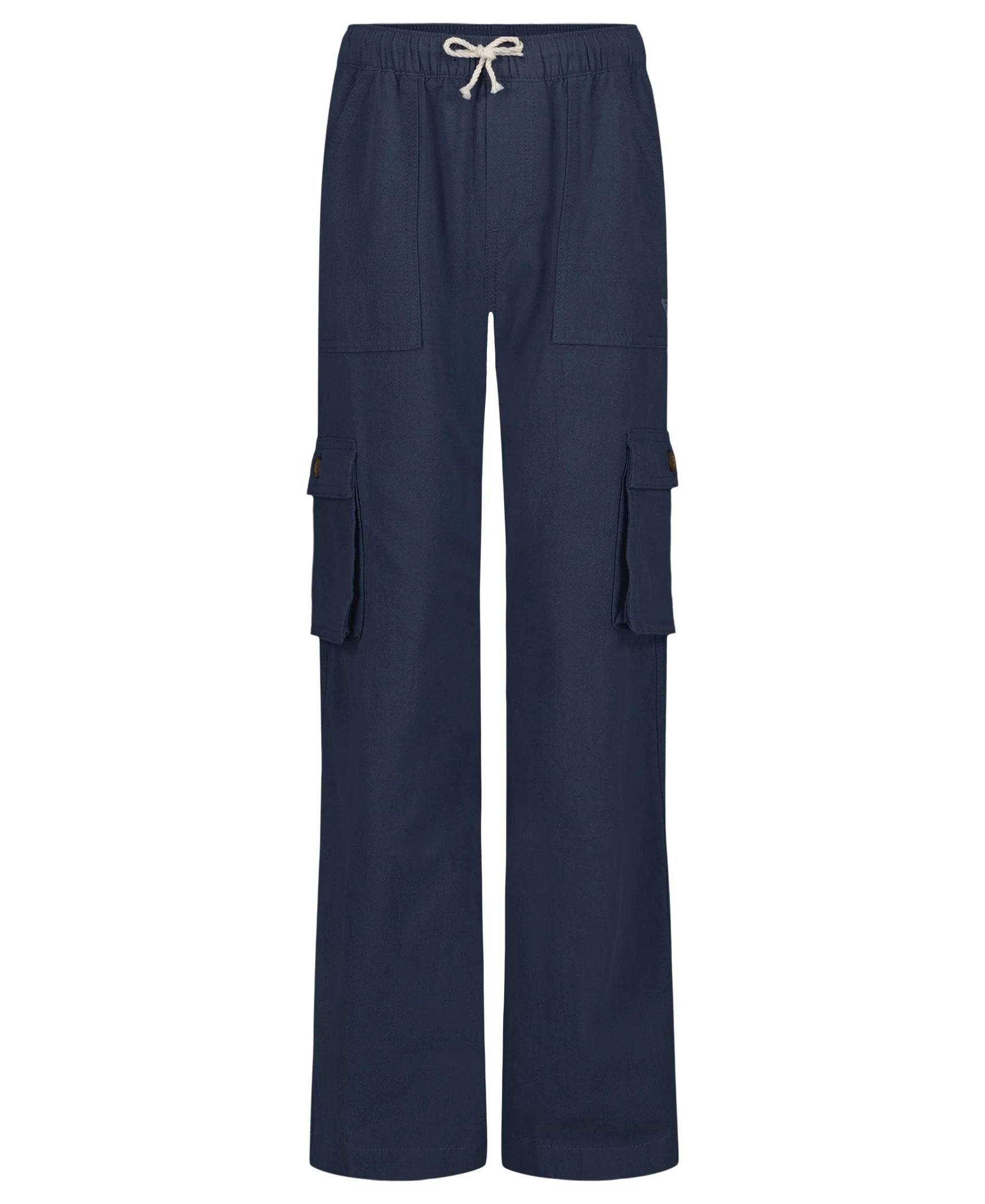 Pantalon - Roxy bleu marine en crêpe coton coupe décontractée avec poches cargo, taille élastique, vue de face portrait.