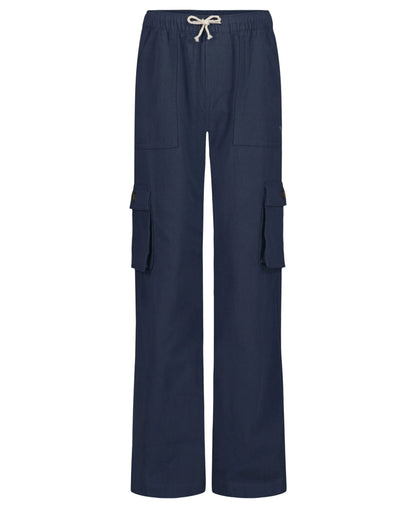 Pantalon - Roxy bleu marine en crêpe coton coupe décontractée avec poches cargo, taille élastique, vue de face portrait.