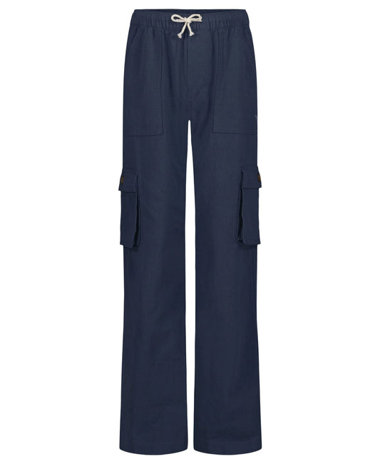 Pantalon - Roxy bleu marine en crêpe coton coupe décontractée avec poches cargo, taille élastique, vue de face portrait.