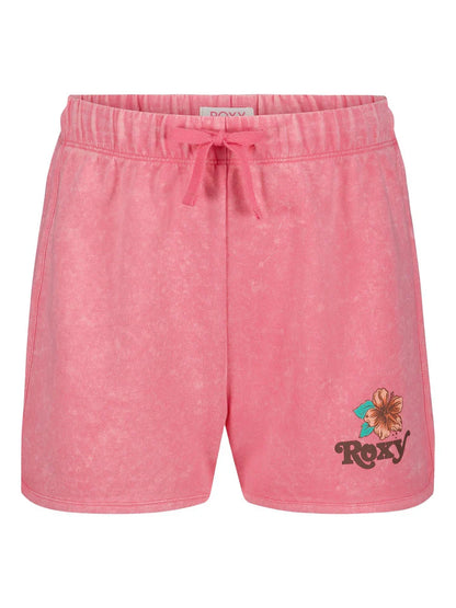 Short - Roxy rose en coton avec ceinture élastique et logo fleuri, style décontracté, vue de face.