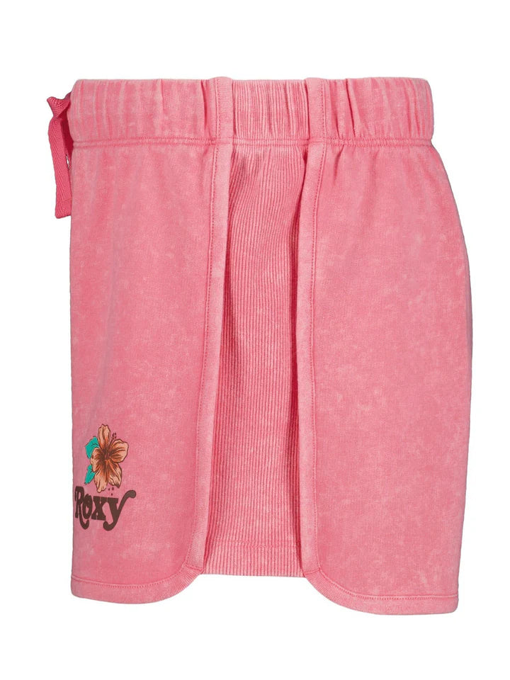 Short - Roxy jupe courte rose en tissu doux avec motif fleur et logo, pour fille, vue de face.
