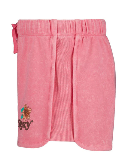 Short - Roxy rose en tissu éponge avec logo et fleur orange, style jupe courte, vue de face, enfant fille.