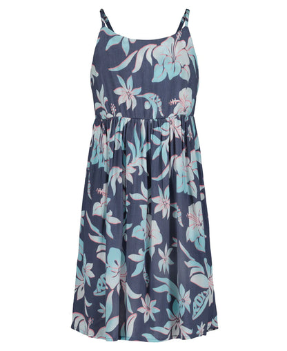 Robe - Roxy bleu foncé à fines bretelles avec motifs floraux bleus et roses, style enfant, vue de face.