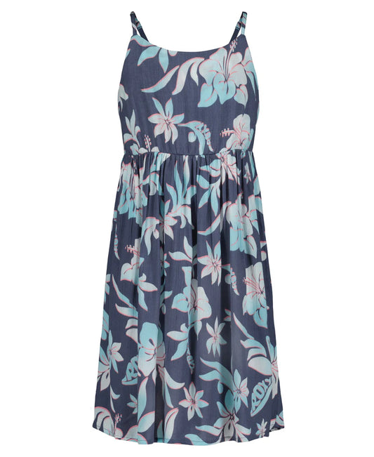 Robe - Roxy bleu foncé à fines bretelles avec motifs floraux bleus et roses, style enfant, vue de face.