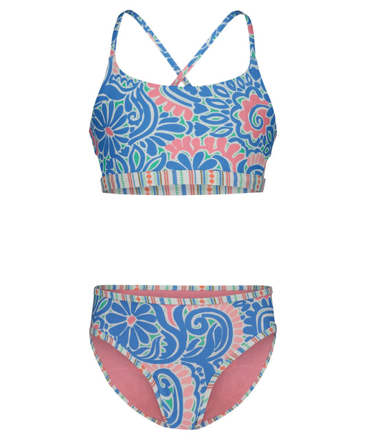 Maillot de bain - Roxy deux pièces réversible bleu, rose et vert avec motifs floraux, vue de face, taille enfant fille.