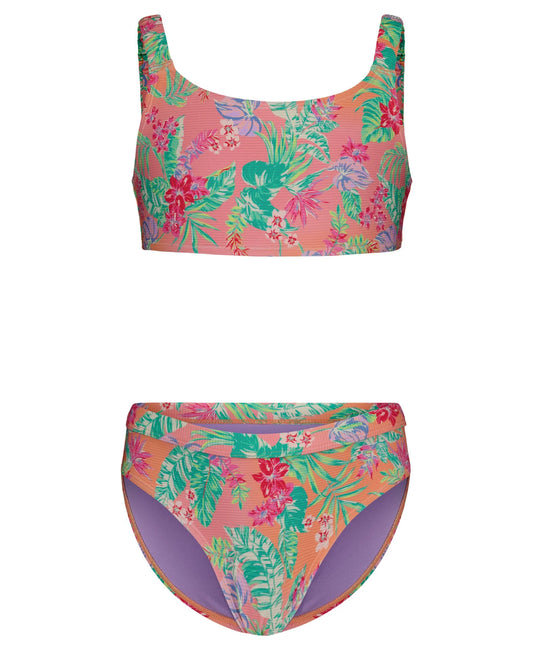 Maillot de bain - Roxy deux pièces corail à motifs floraux verts et roses, style bralette, vue de face en portrait.