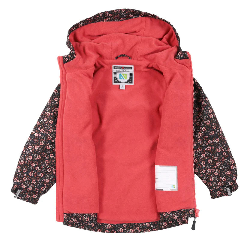 Ensemble Mi-Saison Louise - Nanö pour enfant, veste mi-saison à imprimé floral noir et intérieur polaire corail, vue de face ouverte
