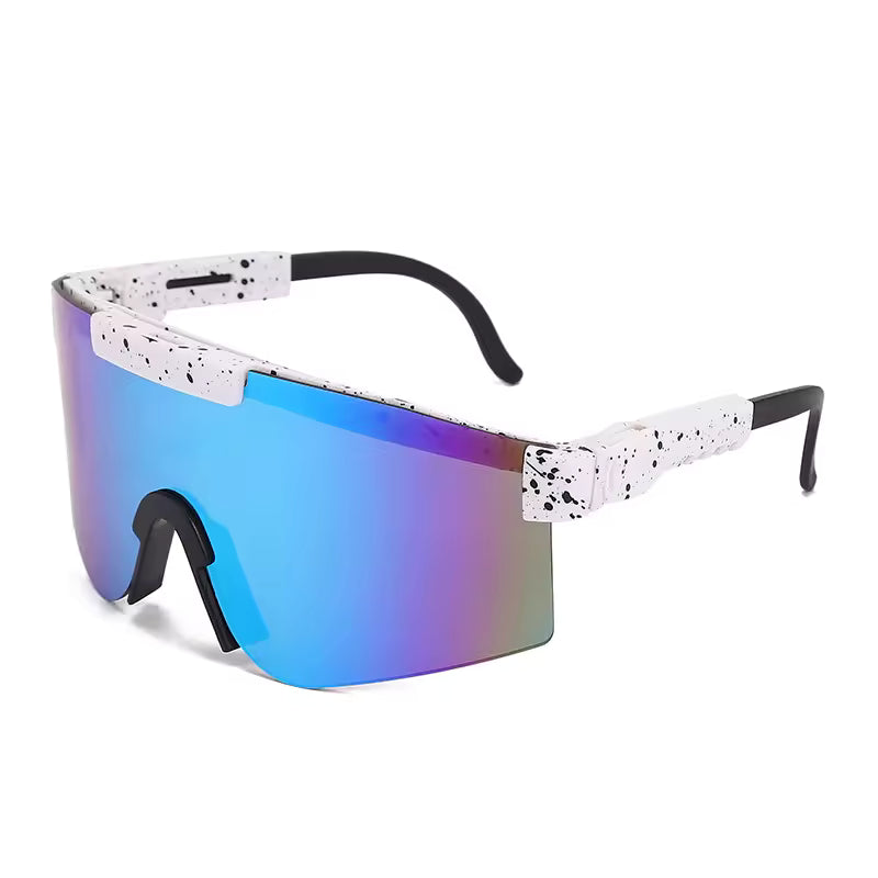 Lunettes de soleil - Kids Windshield avec verre miroir bleu et monture blanche tachetée noire, style sportif, vue de face