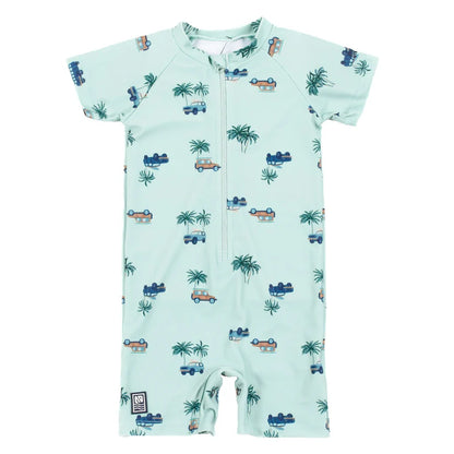 Maillot de bain - Nanö combinaison bébé bleu clair à manches courtes imprimé voitures et palmiers, vue de face