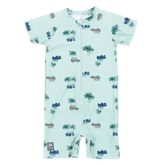 Maillot de bain - Nanö combinaison bébé bleu clair à manches courtes imprimé voitures et palmiers, vue de face