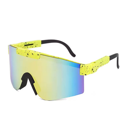 Lunettes de soleil - Kids Windshield jaune fluo avec éclaboussures noires, verres miroir multicolores, pour enfant, vue de trois quarts.