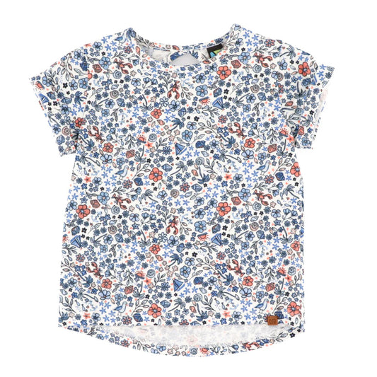 T-Shirt - Nanö en jersey blanc imprimé de fleurs bleues et rouges, manches courtes, vue de face, pour enfant.